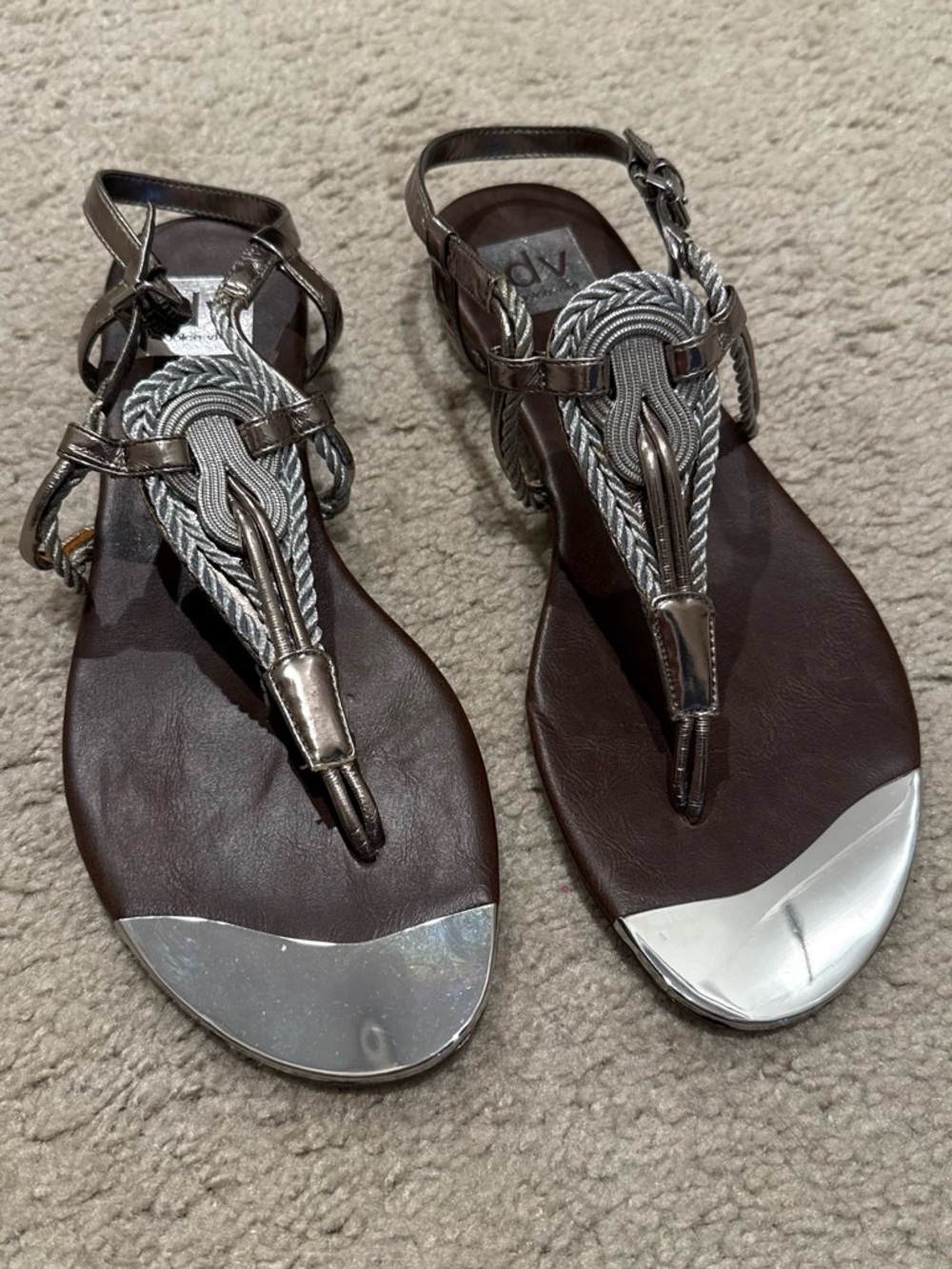 DV by Dolce Vita Brown Footbed Silver Braided T-Strap Sandals